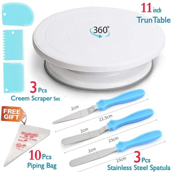Deal 7 - 11 INCH ROTATING CAKE TURNTABLE 3PCS CAKE SCRAPER SET  10PCS PIPING BAGS 3 PCS STEEL SPATULA
