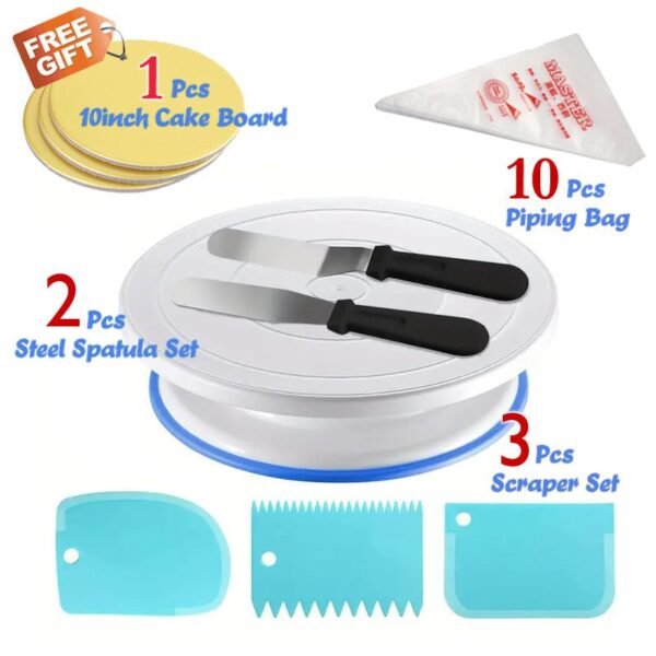 Deal 8 - 11 inch Cake Turntable 3PCs Cake Scraper set  2PCs Stainless Steel Spatula 10PCs Piping Bags 1PCs cake board