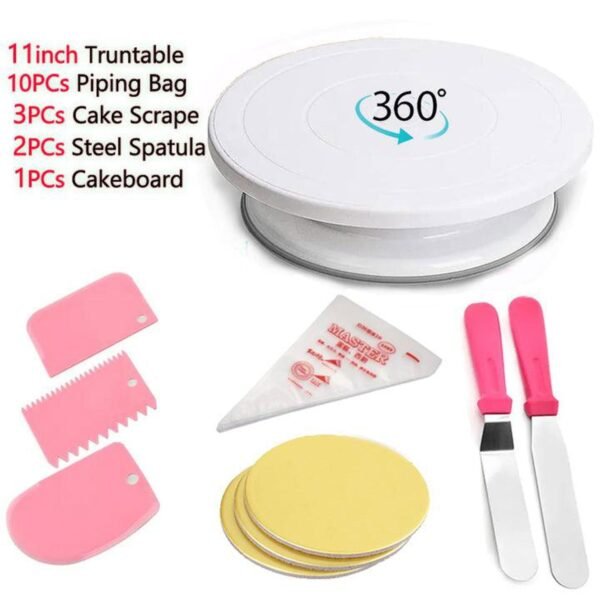 Deal 8 - 11 inch Cake Turntable 3PCs Cake Scraper set  2PCs Stainless Steel Spatula 10PCs Piping Bags 1PCs cake board