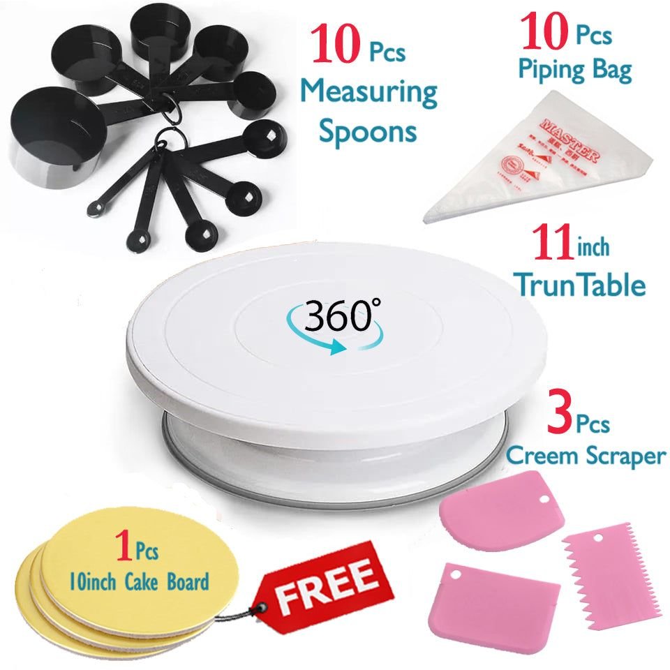 Deal 2 - 11 Inch Rotating Cake Turntable, 3 Cream Scrapers, 10pcs Measuring cups, 10pcs Piping Bags