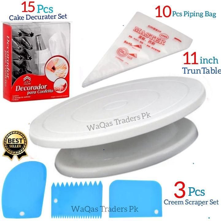 Deal 3 - 11 inch Rotating Cake Turntable 3Pcs Cake Scraper Set 11 Pieces Cake Decorating Set 10Pcs Piping Bags
