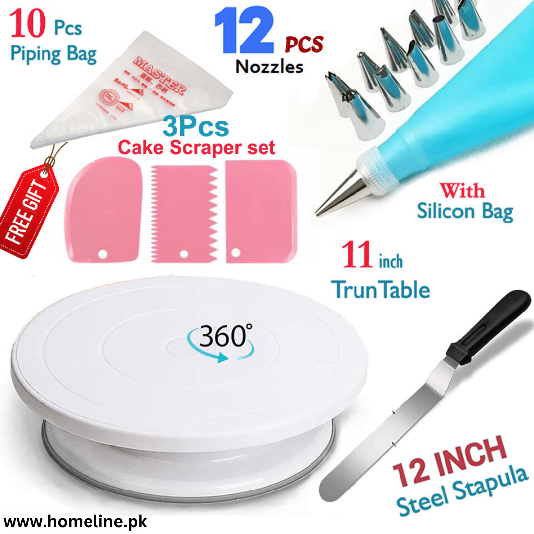 Deal 4 - 11 INCH ROTATING CAKE TURNTABLE 3PCS CAKE SCRAPER SET 11 PIECES CAKE DECORATING SET 10PCS PIPING BAGS 12 INCH STEEL SPATULA