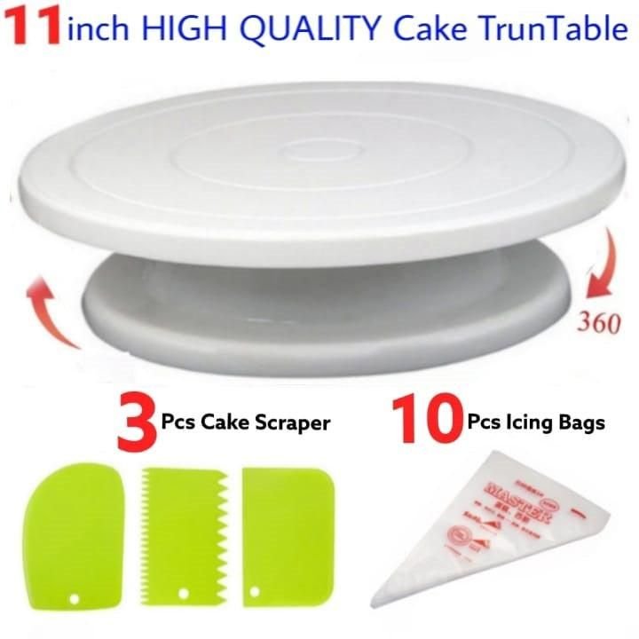 Deal 5 - 11 inch Rotating Cake Turntable, 3Pcs Cake Scraper Set, 10Pcs Large Disposable Piping Bags