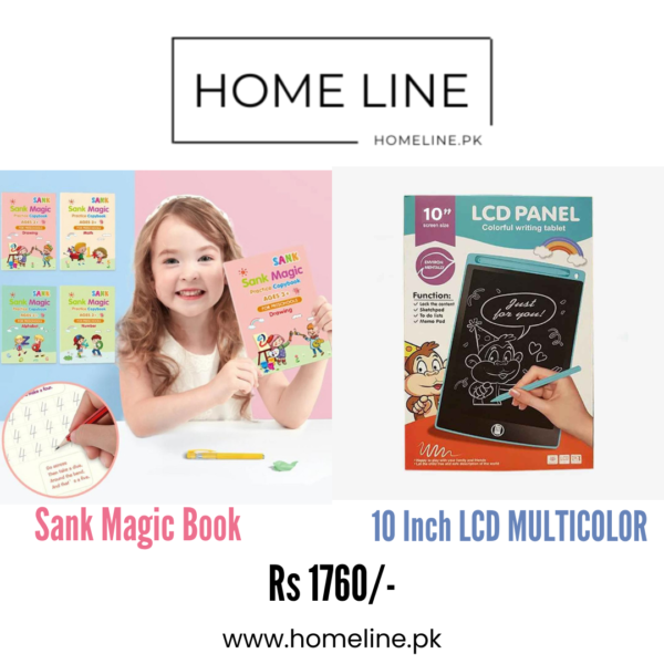 Kids Magic Practice Book (4 Book + 1 Pen + 1 Grip + 8 Refills + 10 Inch Multi color LCD Writing Tablet