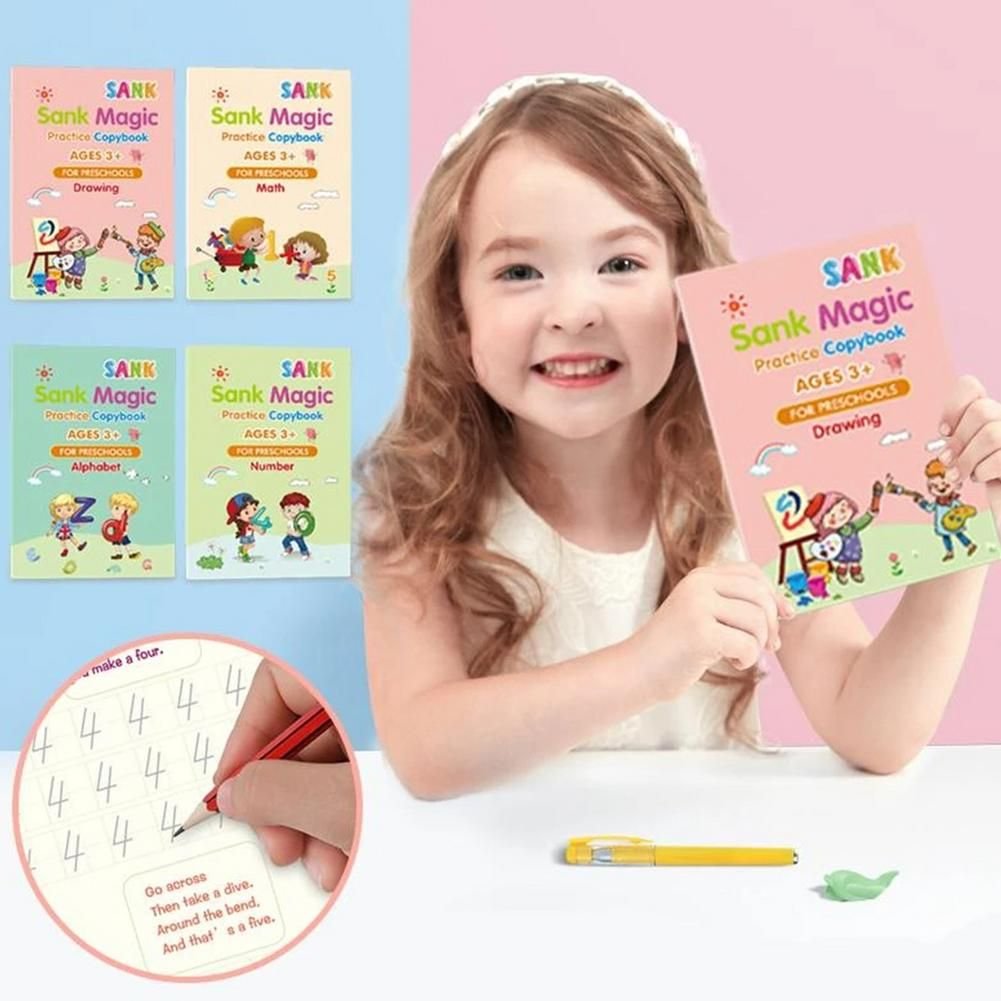 Magic Practice Book For Kids (4 Book + 1 Pen + 1 Grip + 8 Refills)